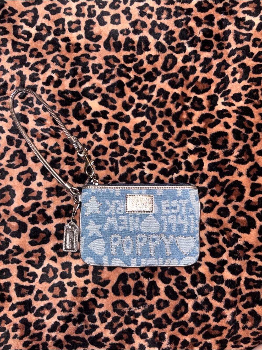 Coach Light Blue Denim Poppy Wristlet with Silver Hardware
